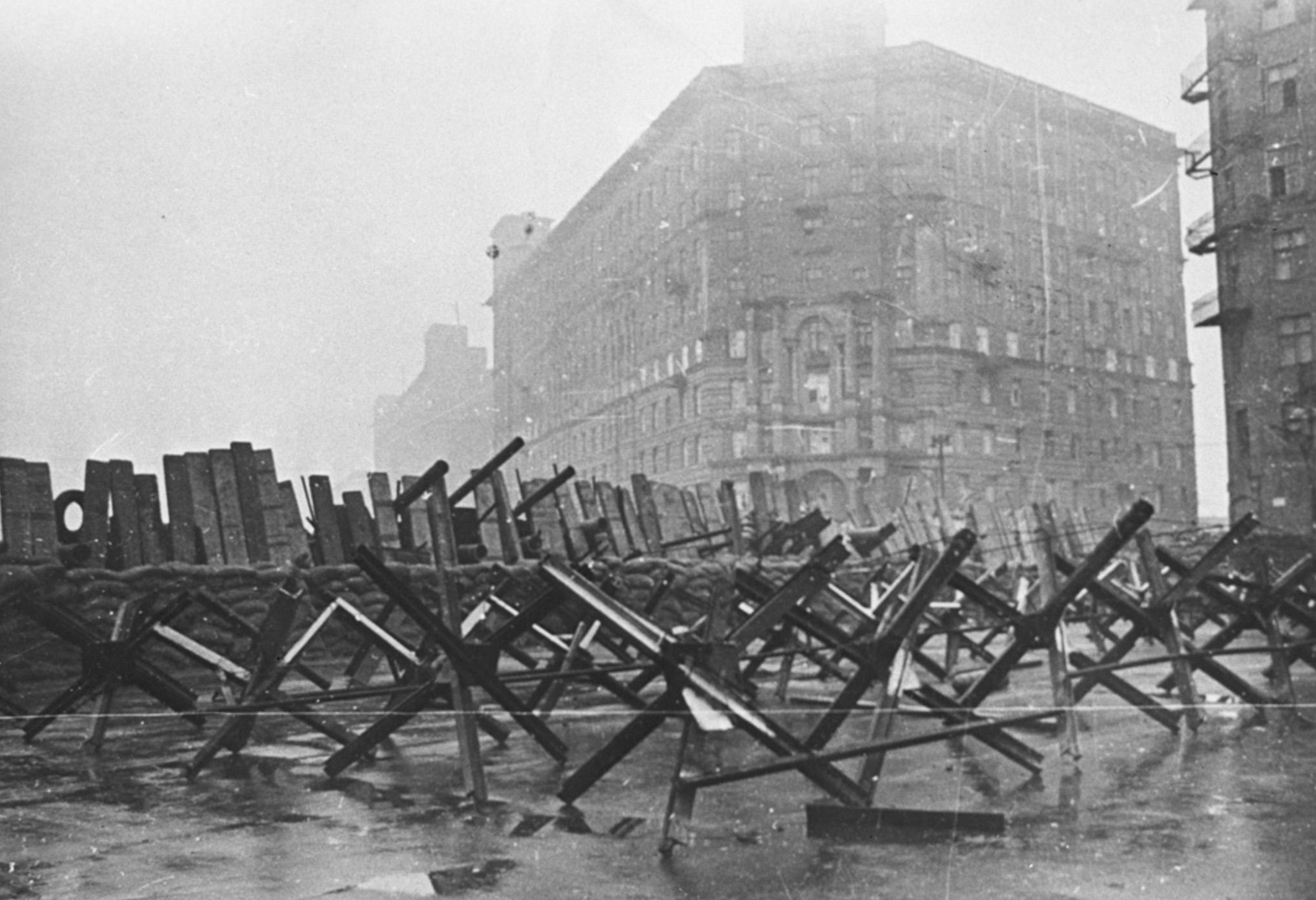 Anti-tank obstacles in a Moscow street preparing for the invasion. 